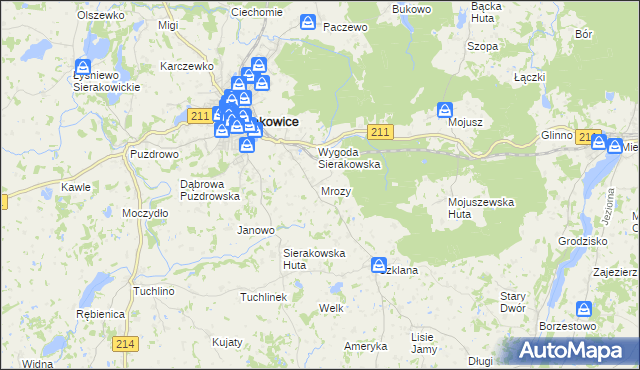 mapa Mrozy gmina Sierakowice, Mrozy gmina Sierakowice na mapie Targeo