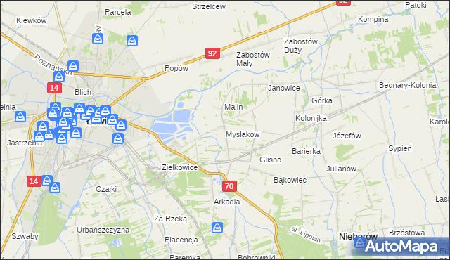 mapa Mysłaków gmina Nieborów, Mysłaków gmina Nieborów na mapie Targeo