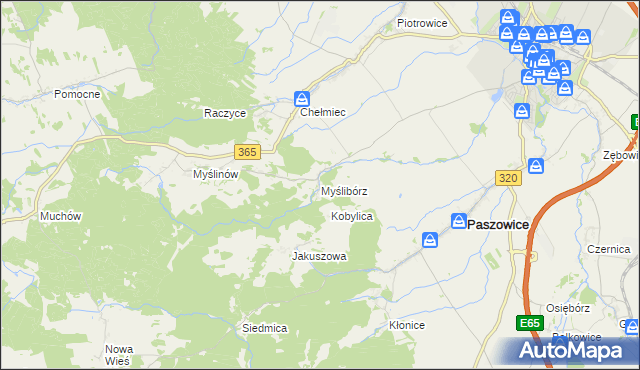mapa Myślibórz gmina Paszowice, Myślibórz gmina Paszowice na mapie Targeo