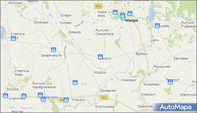 mapa Oleszno gmina Wielgie, Oleszno gmina Wielgie na mapie Targeo