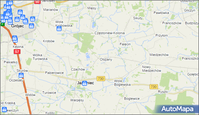 mapa Olszany gmina Jasieniec, Olszany gmina Jasieniec na mapie Targeo