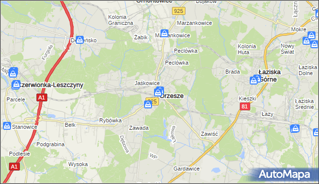 mapa Orzesze powiat mikołowski, Orzesze powiat mikołowski na mapie Targeo