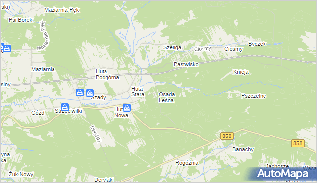 mapa Osada Leśna gmina Harasiuki, Osada Leśna gmina Harasiuki na mapie Targeo