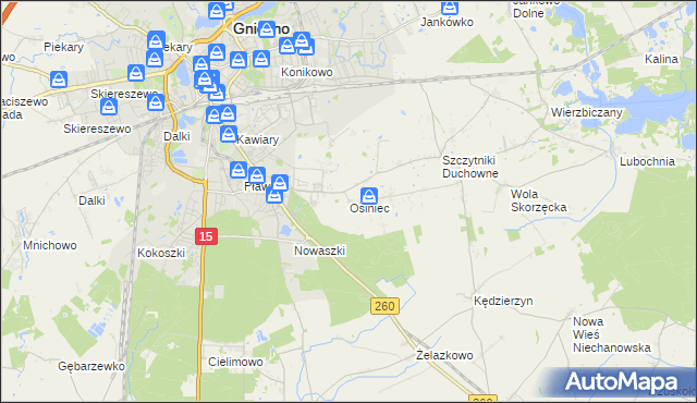 mapa Osiniec gmina Gniezno, Osiniec gmina Gniezno na mapie Targeo
