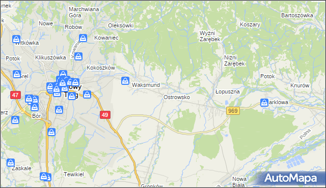 mapa Ostrowsko gmina Nowy Targ, Ostrowsko gmina Nowy Targ na mapie Targeo