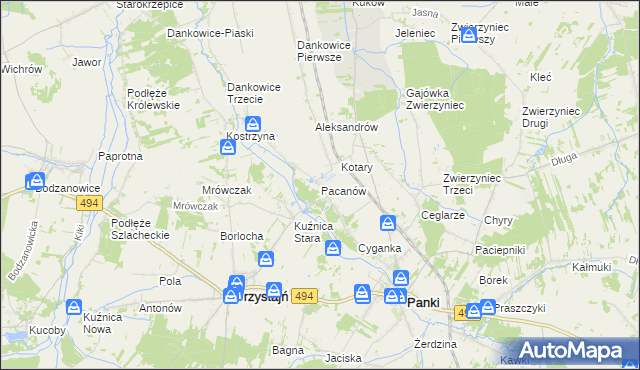 mapa Pacanów gmina Panki, Pacanów gmina Panki na mapie Targeo