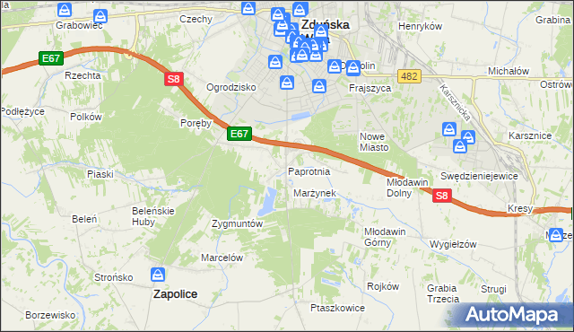 mapa Paprotnia gmina Zapolice, Paprotnia gmina Zapolice na mapie Targeo