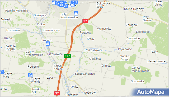 mapa Parkoszowice gmina Miechów, Parkoszowice gmina Miechów na mapie Targeo