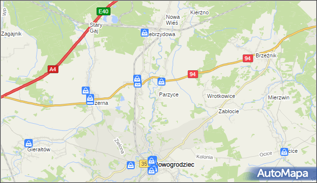 mapa Parzyce gmina Nowogrodziec, Parzyce gmina Nowogrodziec na mapie Targeo