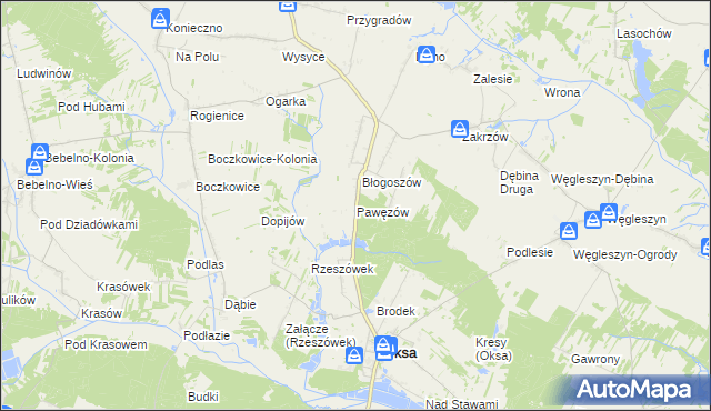 mapa Pawęzów gmina Oksa, Pawęzów gmina Oksa na mapie Targeo