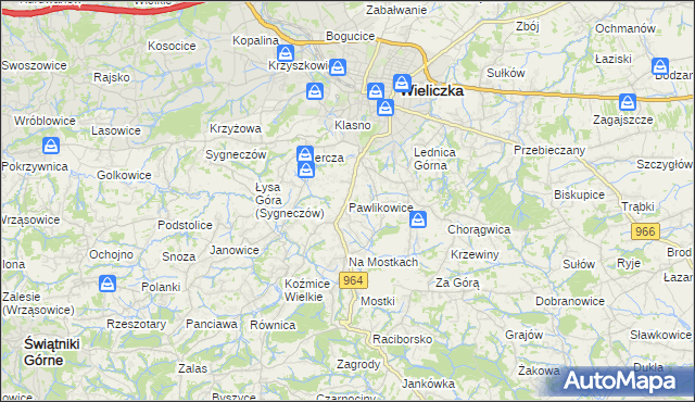 mapa Pawlikowice gmina Wieliczka, Pawlikowice gmina Wieliczka na mapie Targeo