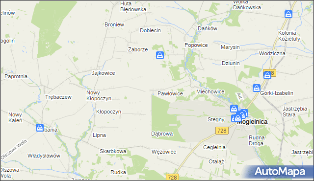 mapa Pawłowice gmina Mogielnica, Pawłowice gmina Mogielnica na mapie Targeo