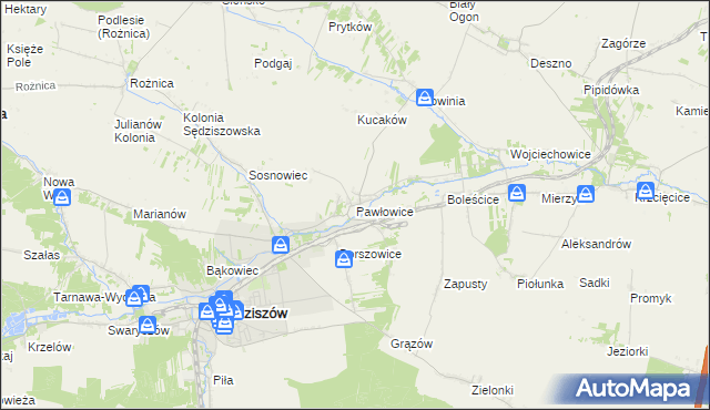 mapa Pawłowice gmina Sędziszów, Pawłowice gmina Sędziszów na mapie Targeo
