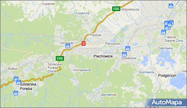 mapa Piechowice powiat jeleniogórski, Piechowice powiat jeleniogórski na mapie Targeo