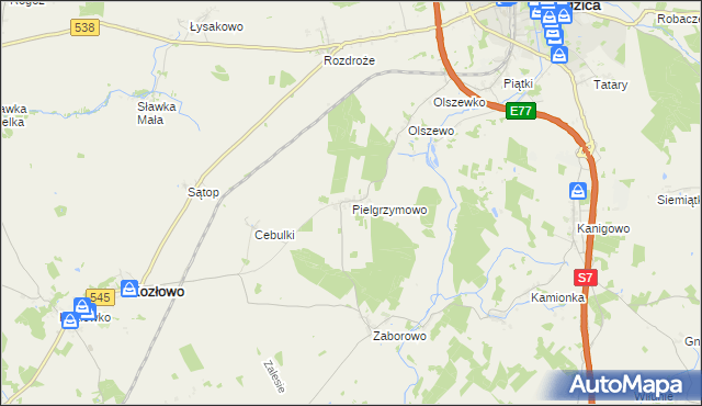 mapa Pielgrzymowo gmina Kozłowo, Pielgrzymowo gmina Kozłowo na mapie Targeo