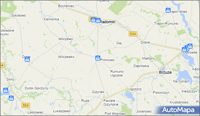 mapa Piórkowo gmina Radomin, Piórkowo gmina Radomin na mapie Targeo