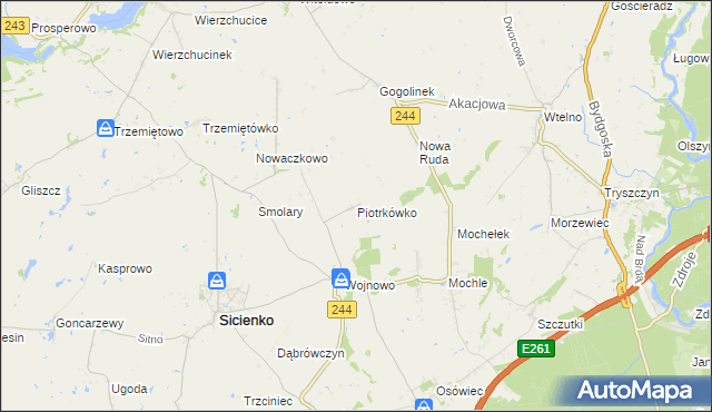 mapa Piotrkówko gmina Sicienko, Piotrkówko gmina Sicienko na mapie Targeo