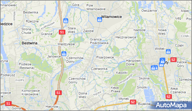 mapa Pisarzowice gmina Wilamowice, Pisarzowice gmina Wilamowice na mapie Targeo