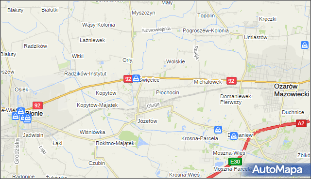 mapa Płochocin gmina Ożarów Mazowiecki, Płochocin gmina Ożarów Mazowiecki na mapie Targeo