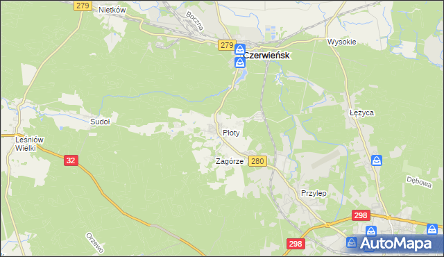 mapa Płoty gmina Czerwieńsk, Płoty gmina Czerwieńsk na mapie Targeo