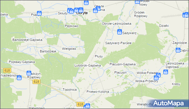 mapa Płusy gmina Obryte, Płusy gmina Obryte na mapie Targeo