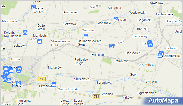 mapa Podlesice gmina Charsznica, Podlesice gmina Charsznica na mapie Targeo