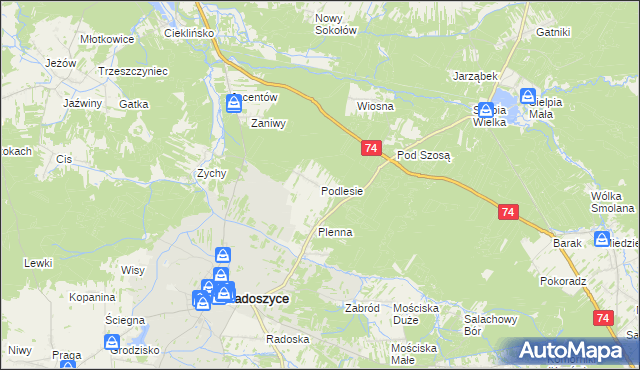 mapa Podlesie gmina Radoszyce, Podlesie gmina Radoszyce na mapie Targeo