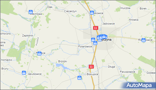 mapa Polanowice gmina Byczyna, Polanowice gmina Byczyna na mapie Targeo