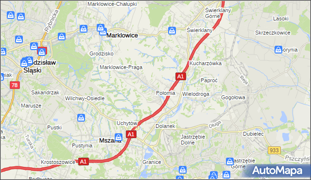 mapa Połomia gmina Mszana, Połomia gmina Mszana na mapie Targeo