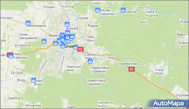 mapa Pomyków gmina Końskie, Pomyków gmina Końskie na mapie Targeo