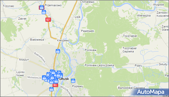 mapa Ponikiew gmina Pułtusk, Ponikiew gmina Pułtusk na mapie Targeo