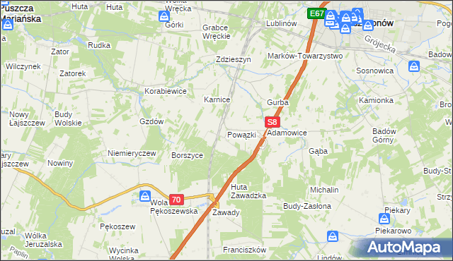 mapa Powązki gmina Mszczonów, Powązki gmina Mszczonów na mapie Targeo