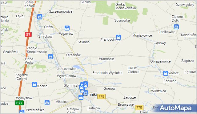 mapa Prandocin gmina Słomniki, Prandocin gmina Słomniki na mapie Targeo