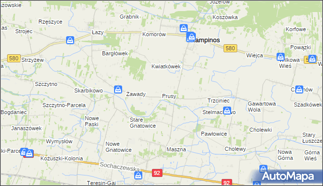 mapa Prusy gmina Kampinos, Prusy gmina Kampinos na mapie Targeo