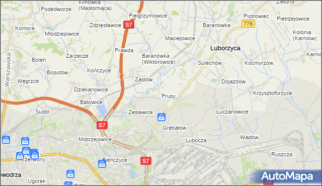 mapa Prusy gmina Kocmyrzów-Luborzyca, Prusy gmina Kocmyrzów-Luborzyca na mapie Targeo