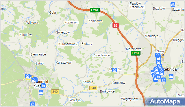 mapa Przecławice gmina Oborniki Śląskie, Przecławice gmina Oborniki Śląskie na mapie Targeo