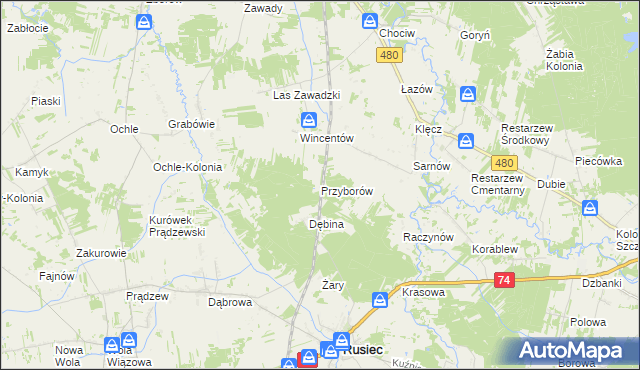 mapa Przyborów gmina Widawa, Przyborów gmina Widawa na mapie Targeo