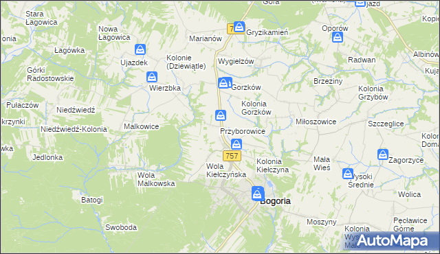 mapa Przyborowice gmina Bogoria, Przyborowice gmina Bogoria na mapie Targeo