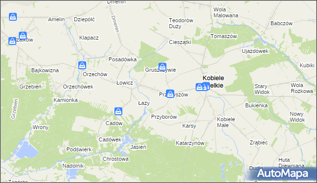 mapa Przybyszów gmina Kobiele Wielkie, Przybyszów gmina Kobiele Wielkie na mapie Targeo