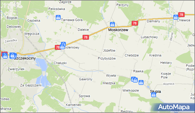 mapa Przybyszów gmina Moskorzew, Przybyszów gmina Moskorzew na mapie Targeo