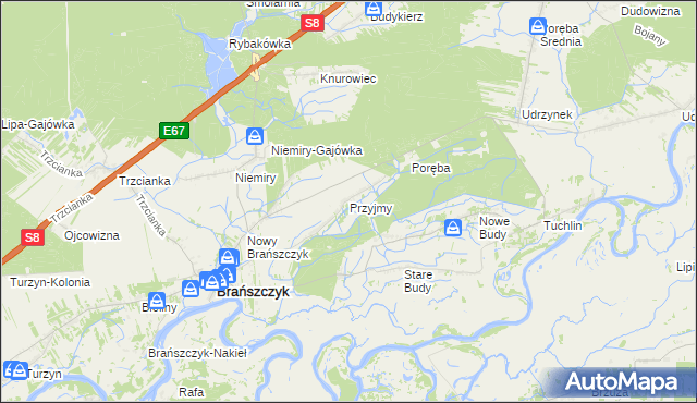 mapa Przyjmy gmina Brańszczyk, Przyjmy gmina Brańszczyk na mapie Targeo