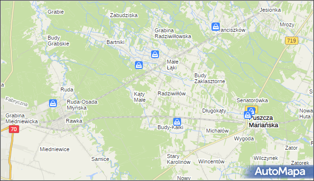 mapa Radziwiłłów gmina Puszcza Mariańska, Radziwiłłów gmina Puszcza Mariańska na mapie Targeo