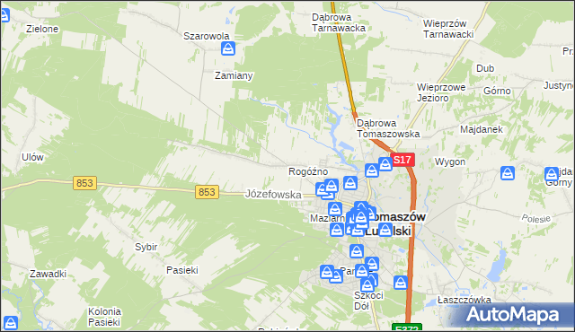mapa Rogóźno gmina Tomaszów Lubelski, Rogóźno gmina Tomaszów Lubelski na mapie Targeo