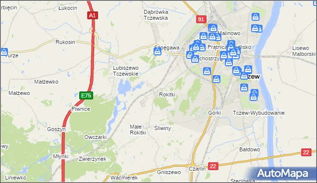 mapa Rokitki gmina Tczew, Rokitki gmina Tczew na mapie Targeo