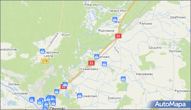 mapa Rożnowo gmina Oborniki, Rożnowo gmina Oborniki na mapie Targeo