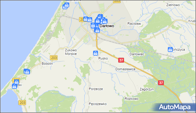 mapa Rusko gmina Darłowo, Rusko gmina Darłowo na mapie Targeo