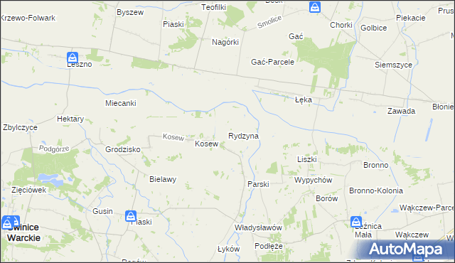 mapa Rydzyna gmina Świnice Warckie, Rydzyna gmina Świnice Warckie na mapie Targeo