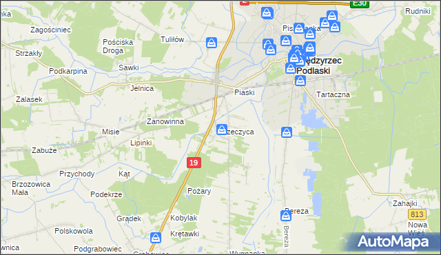 mapa Rzeczyca gmina Międzyrzec Podlaski, Rzeczyca gmina Międzyrzec Podlaski na mapie Targeo