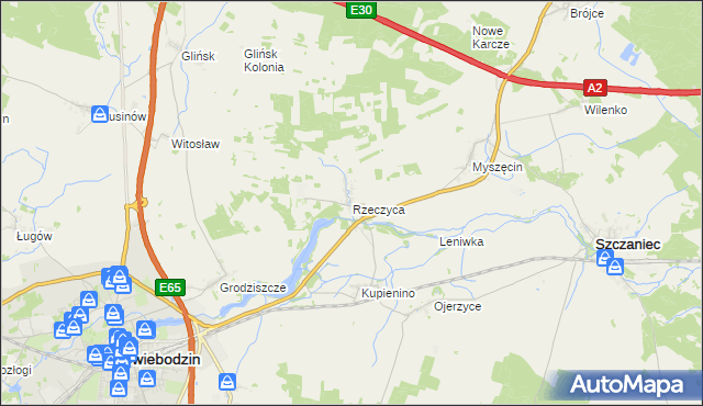 mapa Rzeczyca gmina Świebodzin, Rzeczyca gmina Świebodzin na mapie Targeo