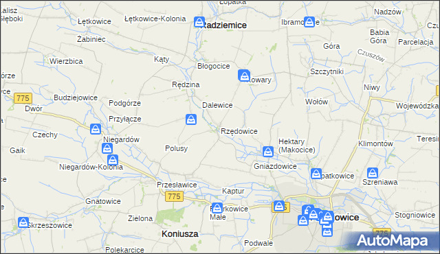 mapa Rzędowice gmina Koniusza, Rzędowice gmina Koniusza na mapie Targeo